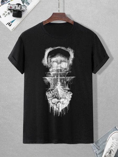 

men skull and ship print tee a2qn#, White;black
