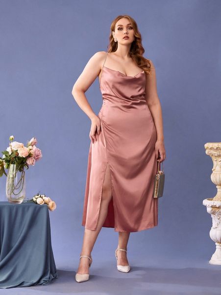 

plus rhinestone strappy split hem satin dress e5le#, Black