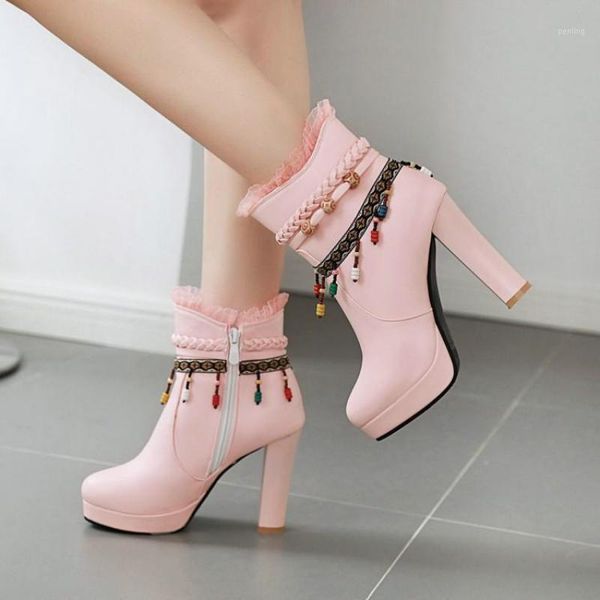 

10.5cm high heel ankle boots for women platform white pink short boot female tassel winter shoes1, Black