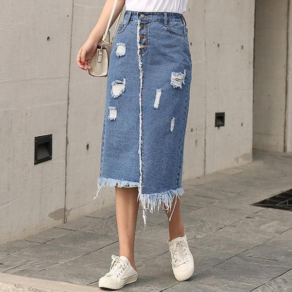 

women korean front buttoned skirt ripped fashion skirt new plus size mm skinny denim large size l-6xl, Black