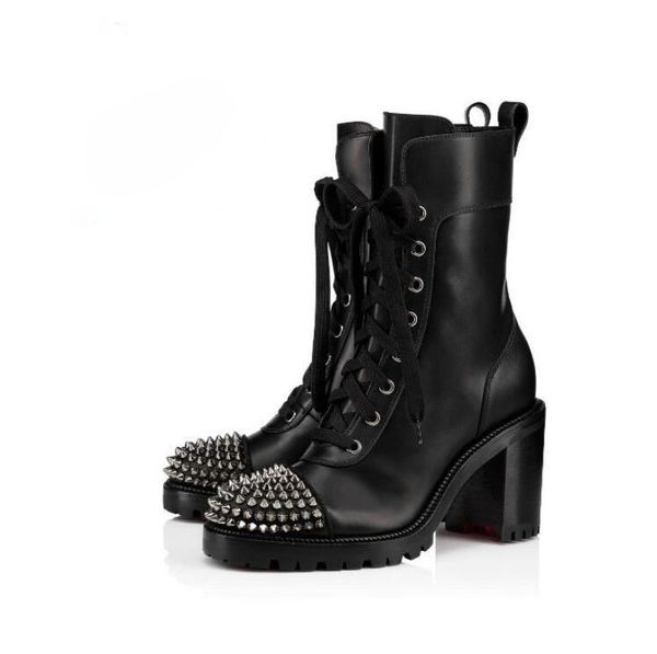 

роскошный дизайнер round toe casure style clearded кожаные элегантные каблуки красные нижние сапоги женская зимняя добыча вечеринка свадьба, Black