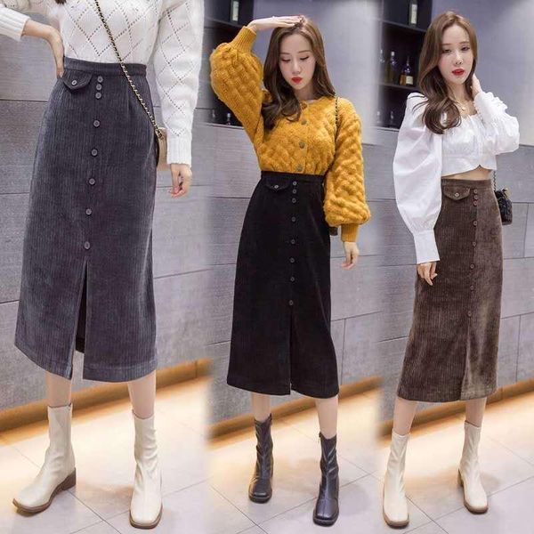 

2021 spring and autumn fashion streetwear women harajuku korean high waist corduroy skirts ladies long skirt y277, Black
