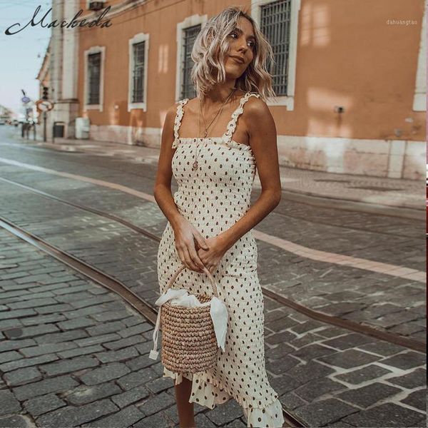 

macheda french style wave point dress women casual retro ruffle slim wave point high waist spaghetti strap dress 2019 new1, Black;gray