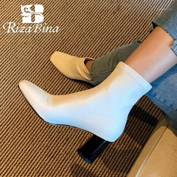 

boots rizabina 2021 short ankle square toe thick high heel slip on shoes solid color outdoor ladies footwear size 33-401, Black