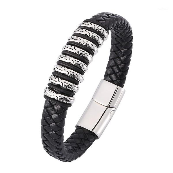 

creative male punk jewelry genuine leather bracelet for men stainless steel magnetic clasp leather wristband party gifts sp03681, Golden;silver