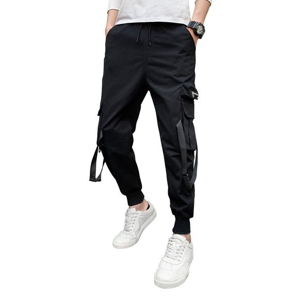 

elasticated waist hip hop pants ribbon men trousers leisure fashionable sweatpants mens streetwear jogger, Black