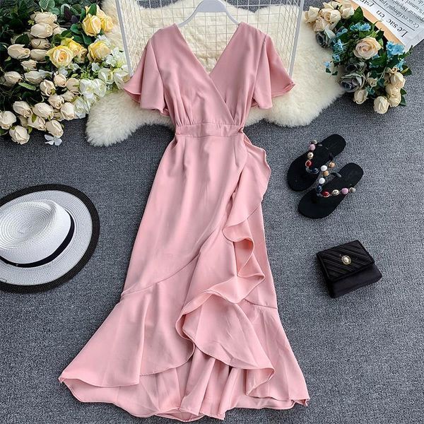 

2021 slim fashion asymmetrical ruffles v neck summer midi long dress party women casual elegant dresses irregular beach vestidos, Black;gray