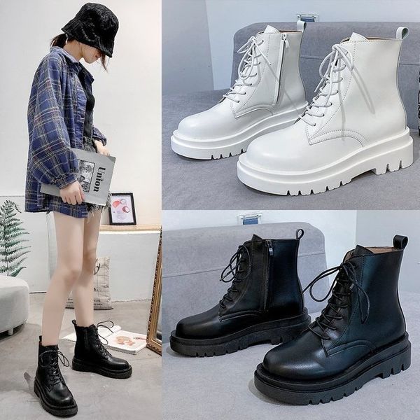 

round 2021 autumn women's soft black motorcycle gothic shoes fight white leather boots for women 0xmq