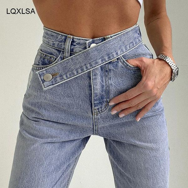 

women's jeans stylish blue high waist belt y2k mom women 2021 autumn full length wide denim pants harajuku straight trouser streetwear