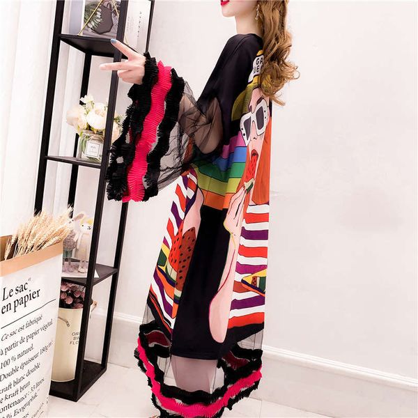 

official polyester loose red t-shirt women's long sleeve wind mesh patching graffiti dress, Black;gray