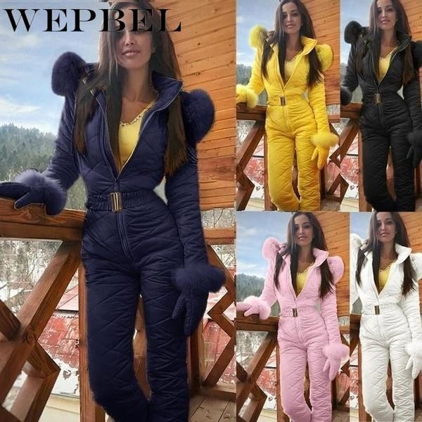 

winter women's hooded jumpsuits parka cotton padded warm sashes ski suit straight zipper one piece casual tracksuits q1210, White