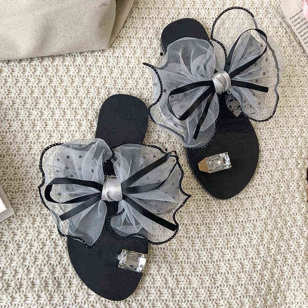 Chinelos Verão New Bowtie Decorar Sandálias Non Sanal Malha Deslizador Respirável Flats Mules Casual Feminino Praia Flip Flops Mulher Sapatos 220304