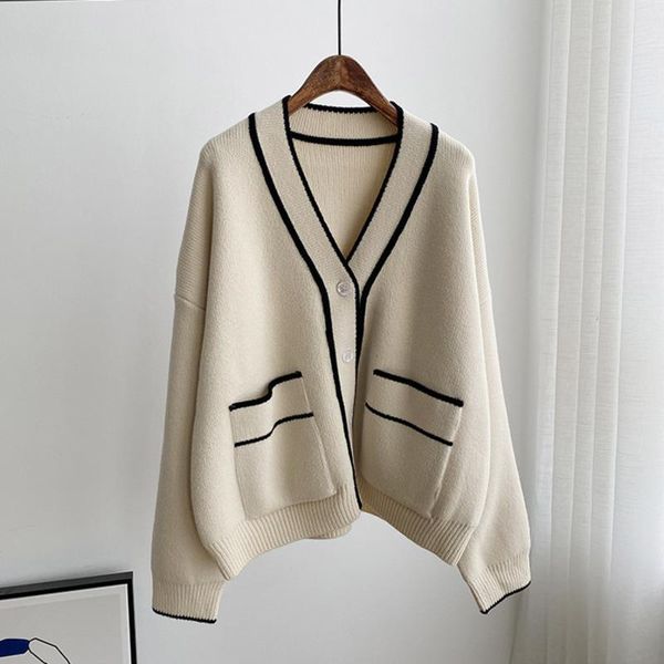 

ewq]autumn winter women casual v-neck loose single breasted soft minimalist panelled long sleeve pullover knitting sweater8d267, White;black