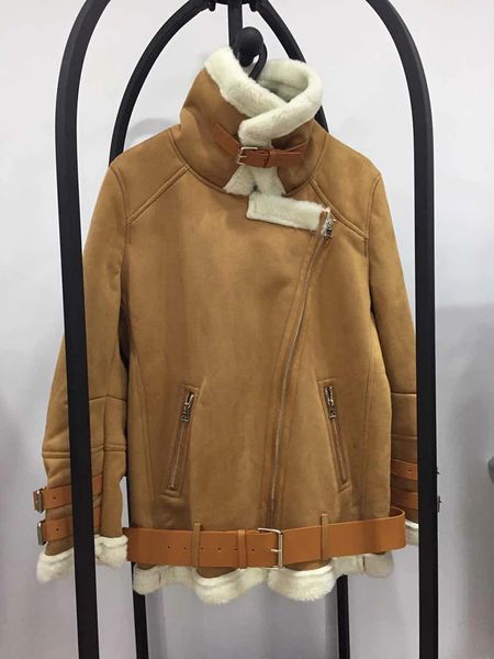 

2021 new women rabbit fur faux leather jacket berber patchwork short suede shearling overcoat motorcycle jackets with belt ctvn, Black