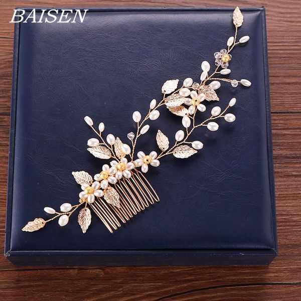 

floral pearl hair comb hairband for women bride hair accessories gold leaf pearl wedding headband comb women headpiece, Golden;silver