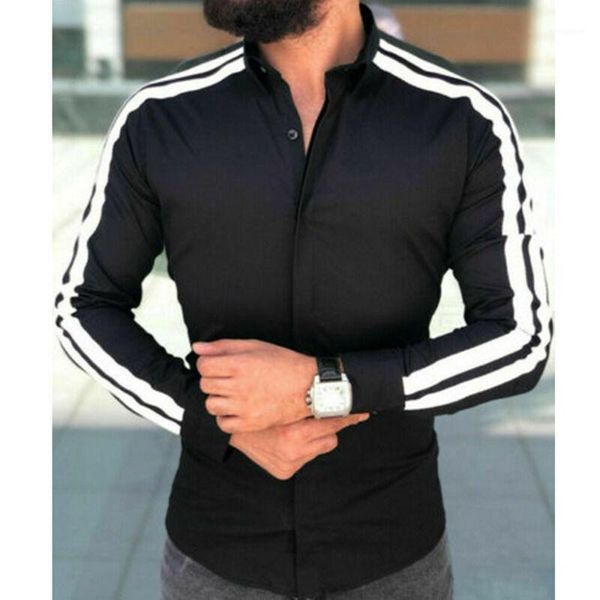

new men fashion slim fit long sleeve shirts casual striped stand collar blouse, White;black