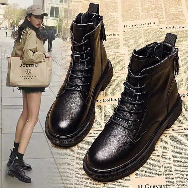

boots high rise double zipper with leather for women british style fall / winter 2021 thick bottom plush korean1, Black