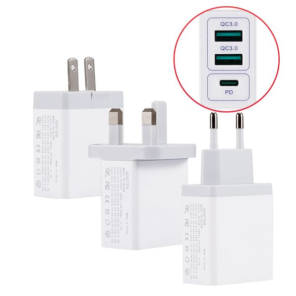 

type-c 18w pd and 30w qc 3.0 fast wall cellphone charger with us eu uk plug for iphone ipad xiaomin huawei mobile phone