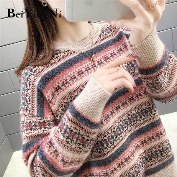 

beiyingni women sweater vintage knit o-neck autumn winter warm korean casual loose pollovers sweaters female outwear jumper 201130, White;black