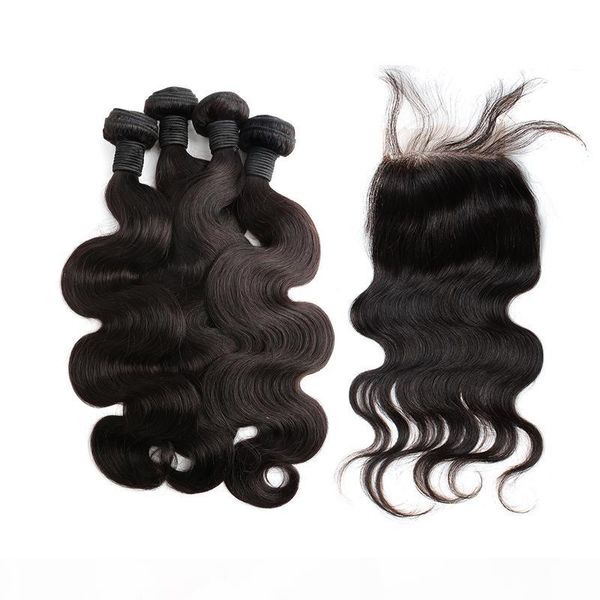

greatremy part closure with human hair bundles body wave brazilian indian malaysian peruvian virgin hair bundle and lace closure 5pcs, Black