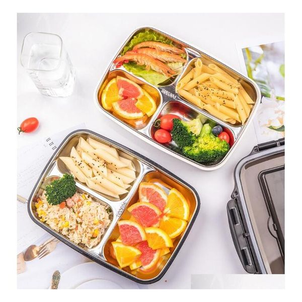 

3 grid/4 grid bento box 304 stainless steel lunch box rice boxes with chopsticks spoon for student portable food c qylsxi bbgargden