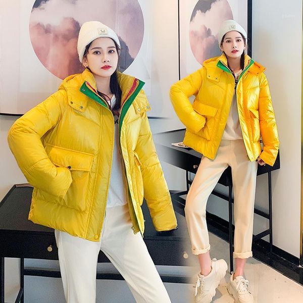 

women jackets winter coat jacket glossy hooded down cotton coats half stand collar thick parkas zipper padded pocket cold coat1, Black