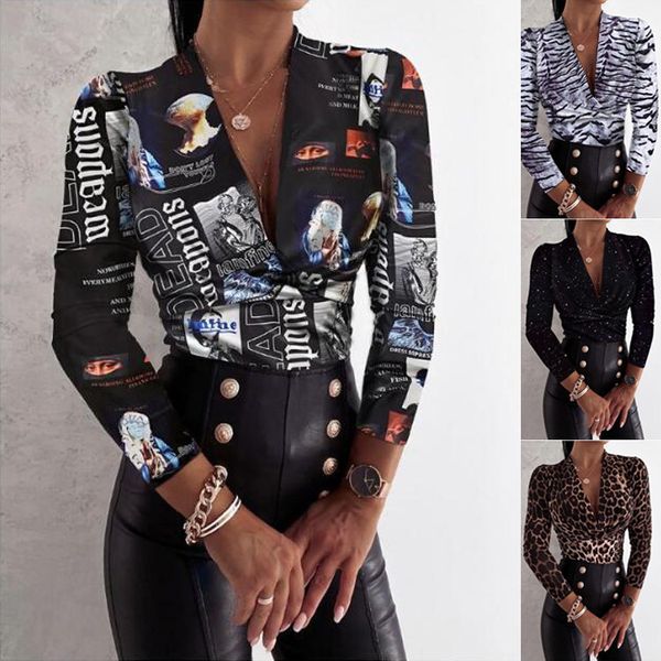 

autumn winter long sleeve v-neck leopard print women's shirt shirt, White