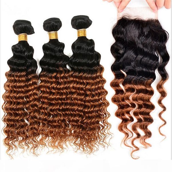 

#1b 30 ombre virgin brazilian hair 3bundles with deep wave lace closure two tone colored hair weave with closure deep wavy 4pcs lot, Black