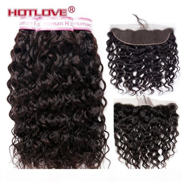 

malaysian water wave bundles with lace frontal closure 13*4 inch malaysian virgin hair water wave human hair 3 bundles hair with frontal, Black;brown