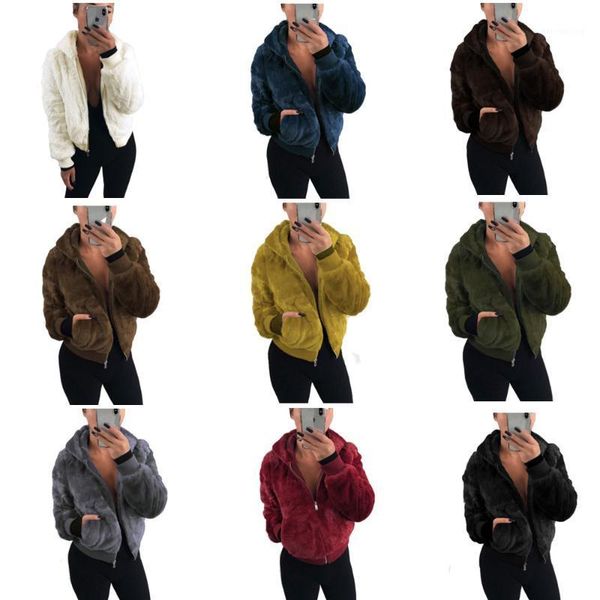 

winter faux fur short coat women pullovers sweatshirt casual coat zipper jacket hooded pocket faux soft fleece1, Black