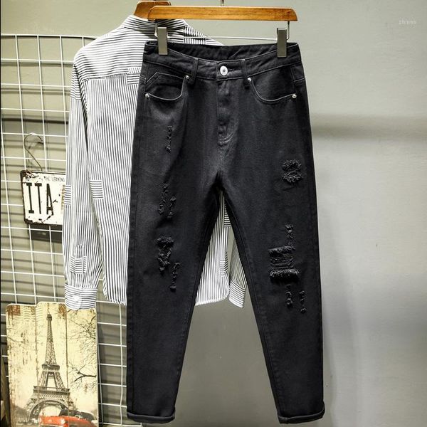 

new hole black and white jeans loose harlan pants1, Blue