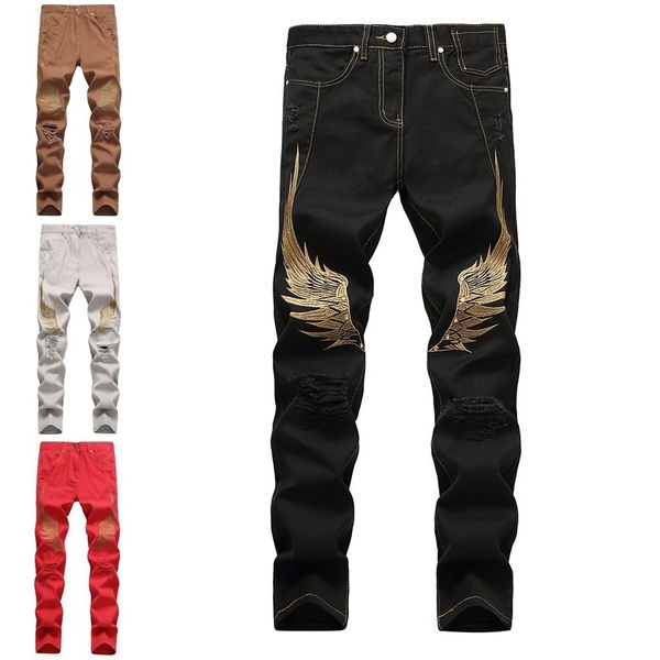 

men's new fashion casual denim straight jeans embroidery hole long pants dropshipping low price discount woman man style, Black