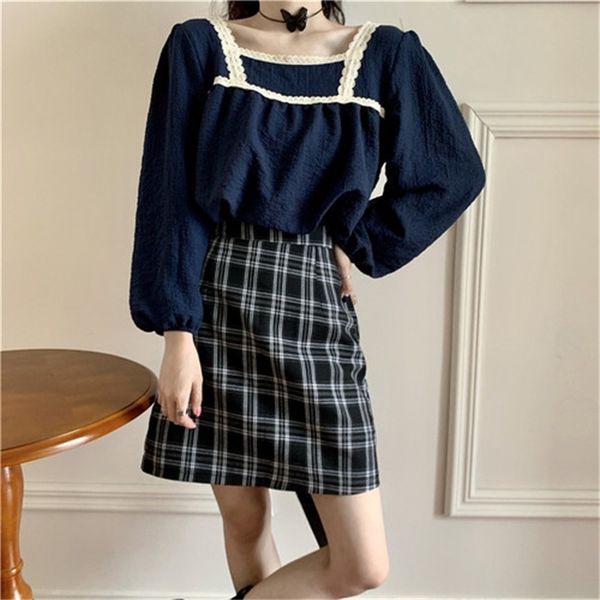 

2021 new puff sleeve blouse women square collar korean style fashion shirts solid casual lace kawaii female clothing autumn om02, White