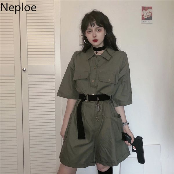 

neploe cargo jumpsuits women fashion short sleeve sashes ladies playsuits casual slim waist wide leg female bodysuit 1a1250 t200704, Black;white