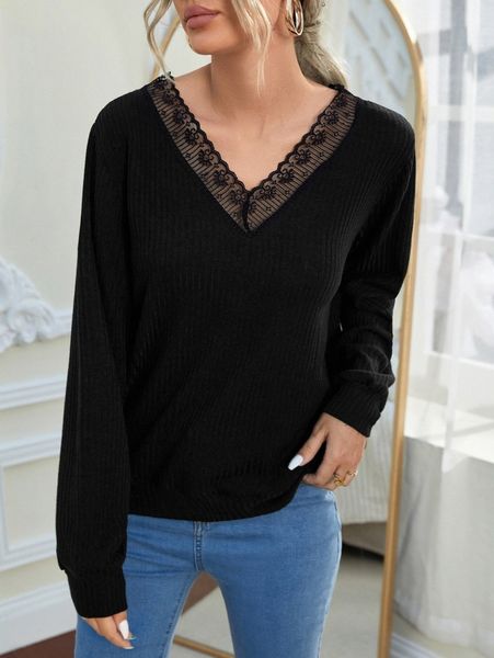

contrast embroidery mesh v neck pullover x7za#, White;black