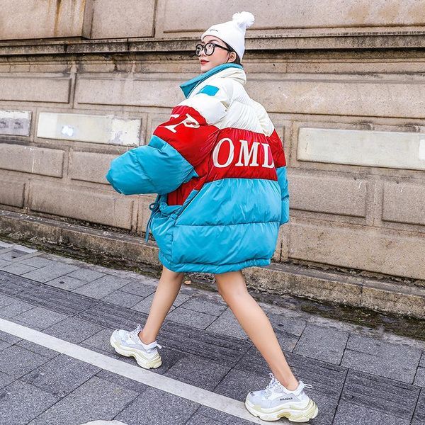 

2020 ladies winter down jacket womens fashion contrast color bat sleeve design loose warm parka street style cotton outwear1, Black