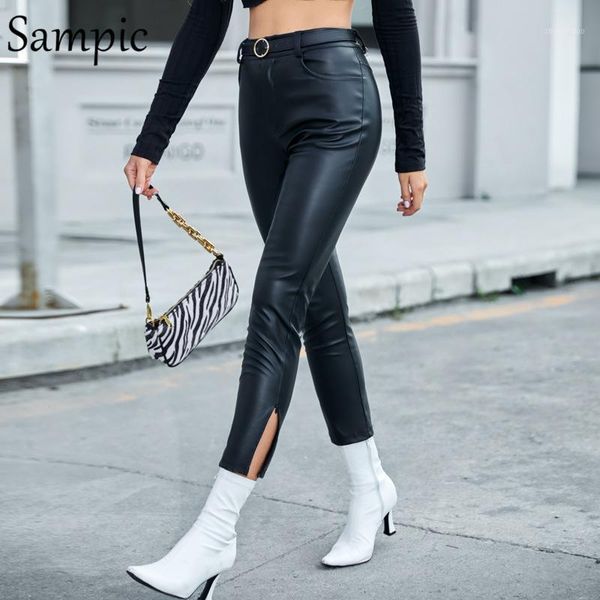 

sampic fashion black pu leather slit wrap high waisted pants skinny women autumn spring 2021 pants ladies office trousers1, Black;white