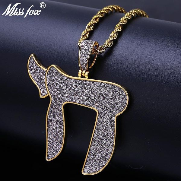 

pendant necklaces missfox hip hop religion symbol chai men necklace gold iced out micro pave cz stone jewish rope chain, Silver