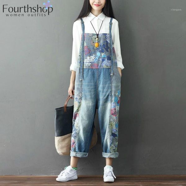

oversized jeans jumsuits floral print fashion denim overalls women rompers loose hip hop bib suspender pants 2020 streetwear1, Black;white