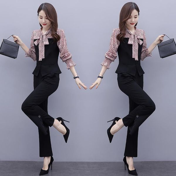 

fashion splicing woman two-piece bowknot pattern simplicity splicing and elegant trousers fwomen's early autumn profession suit, Gray