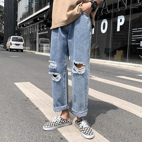 

ins port ripped jeans men's cec loose straight tube water wash dad wide leg summer 9-point beggars' pants1, Blue