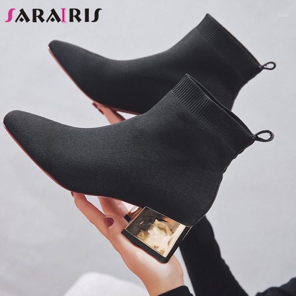 

boots sarairis spring female fashion square toe sock high chunky heels women ankle stretch shoes woman1, Black
