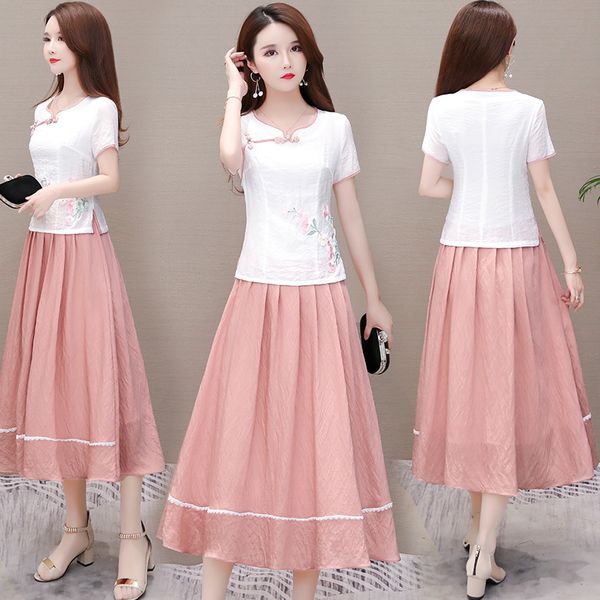 

5 colors summer women 2 pcs set vintage embroidery flowers o-neck tea-length high waist a-line blue pink party cocktail dresses, Black