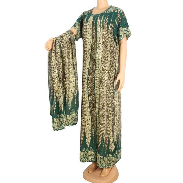 

зеленый напечатанный африканский o шея свободный хлопок макси абая платье женщины лето с коротким рукавом высокая талия платья boho, Red