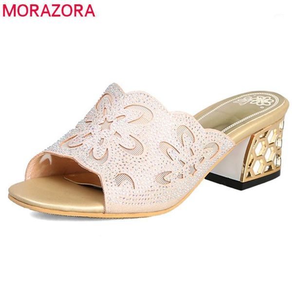 

morazora 2021 summer outside slipper women rhinestone square heels ladies slip on elegant women sandals big size 33-461, Black