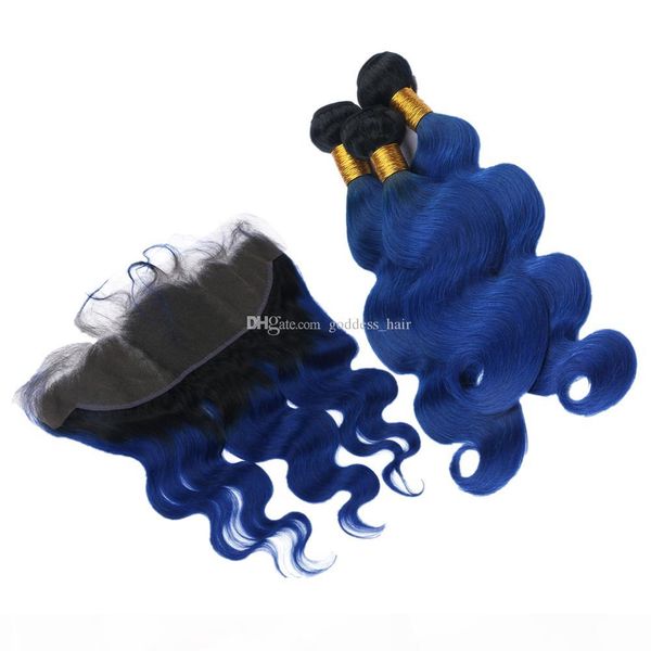 

ombre color body wave 1b blue human hair 3bundles with lace frontal 13x4 two tone blue hair weft extension with frontal closure, Black