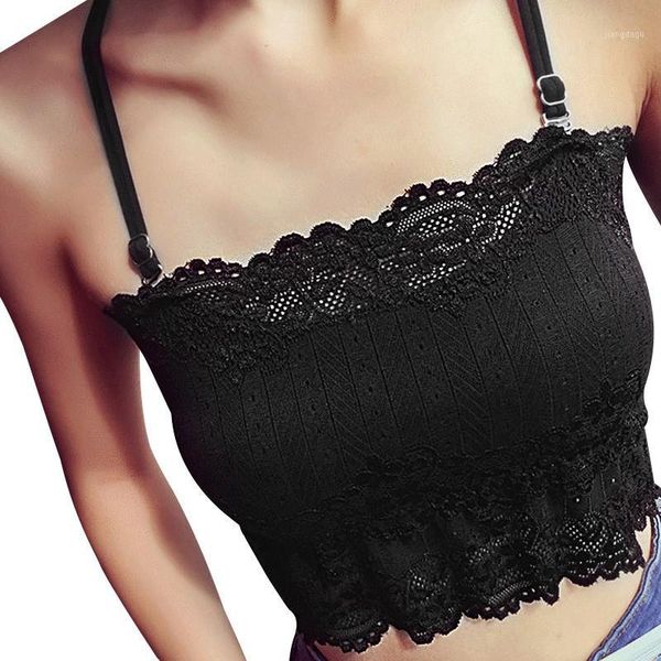 

lace sleeveless vest adjustable strap detachable chest pad wide hem lace camisoles & tanks crop female for women1, Black;white