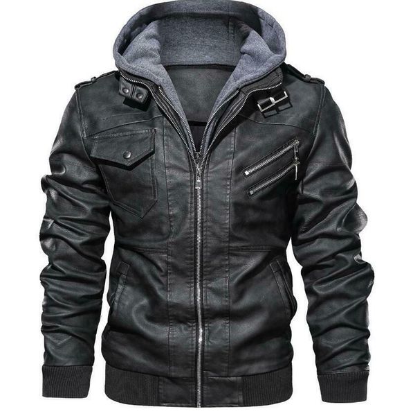 

men denzell outwear anarchist leather jacket hooded motorcycle coat biker style, Black