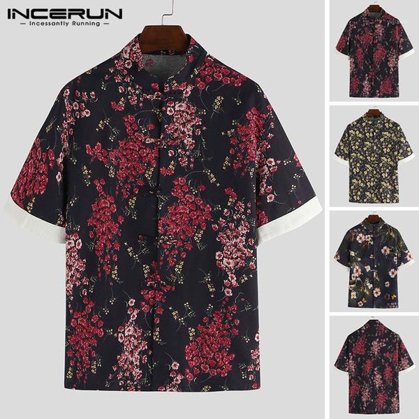 

incerun men vintage shirt floral print elegant cotton stand collar camisa 2019 short sleeve streetwear casual men shirts s-3xl1, White;black