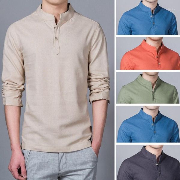 

t shirt men summer casual cotton linen ethnic style t shirt for men solid color slim long sleeve blouse retro simple ma61, White;black